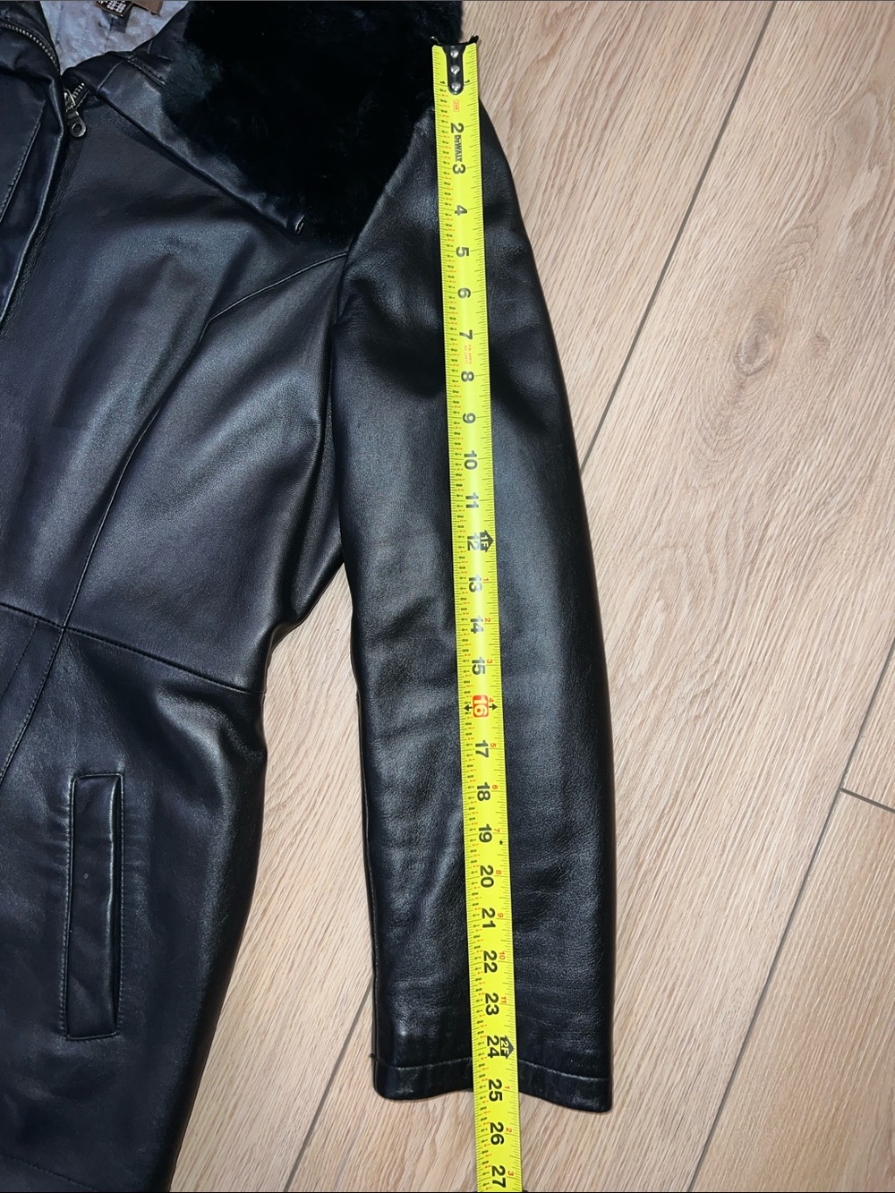 Danier Black Leather Coat with Plush Rabbit Fur Collar - Picture 15 of 15